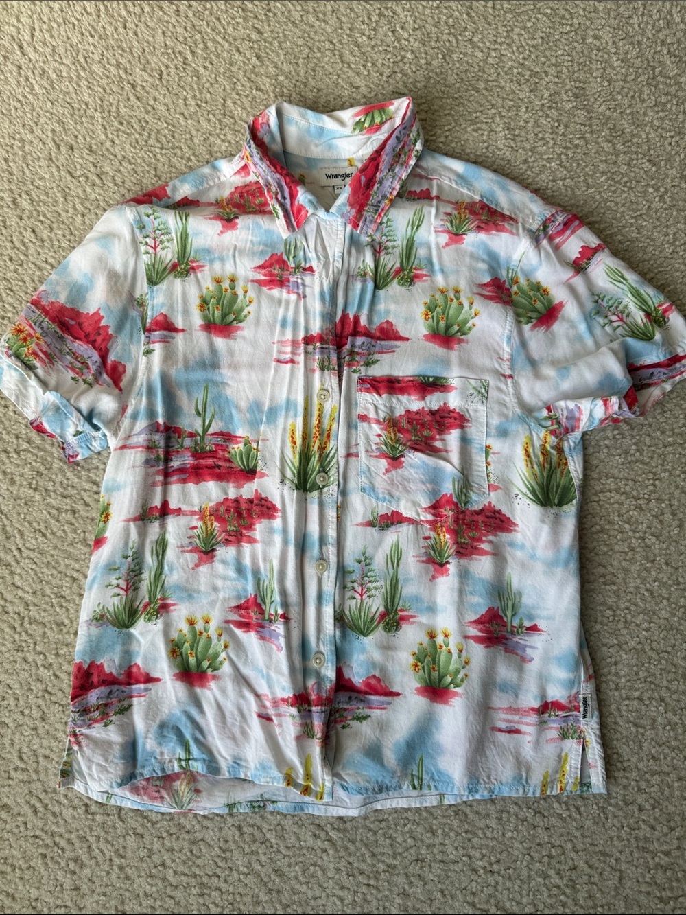 Wrangler White Short Sleeve Button-Up with Red & Green Desert Print